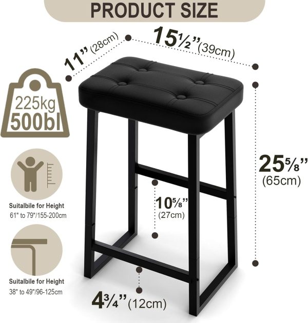 Bar Stool, Counter Height Bar stools,Modern Kitchen Island Chairs, Synthetic Leather with Stitching, 26 inches high, for Kitchen/Family Restaurant/Dining Room/Farmhouse, Black - Image 3